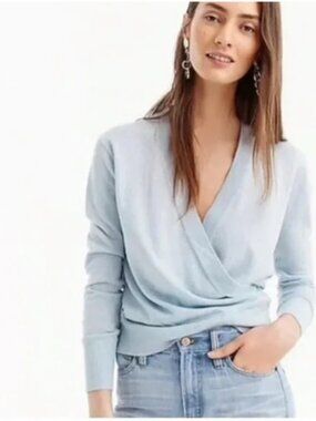 J. CREW Shimmering Lurex Wrap Wool Blend Sweater Light Blue/Silver Size XXS